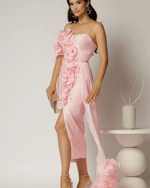 Rochie midi roz din voal peliculizat cu croi conic si volanase
