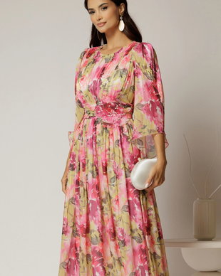 Rochie midi de ocazie cu imprimeuri fucsia din voal peliculizat cu perle pe talie