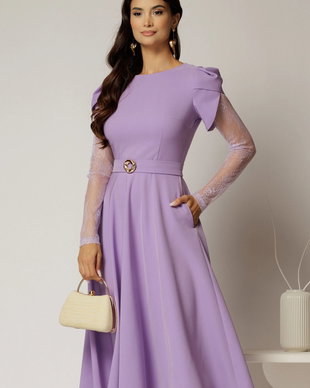 Rochie midi lila cu maneci din dantela si cordon detasabil