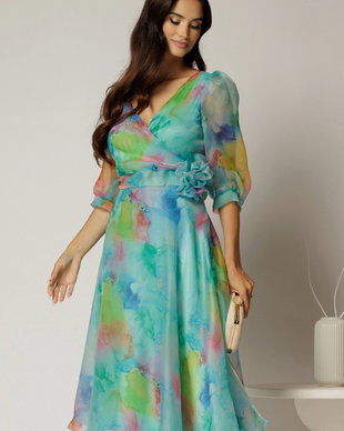 Rochie DY Fashion midi din organza cu imprimeuri turcoaz