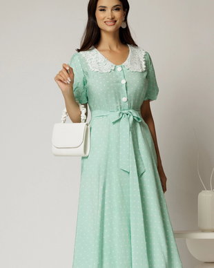 Rochie midi verde cu buline de zi si guler brodat