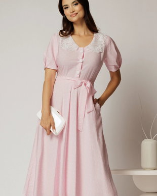 Rochie midi roz cu buline de zi si guler brodat