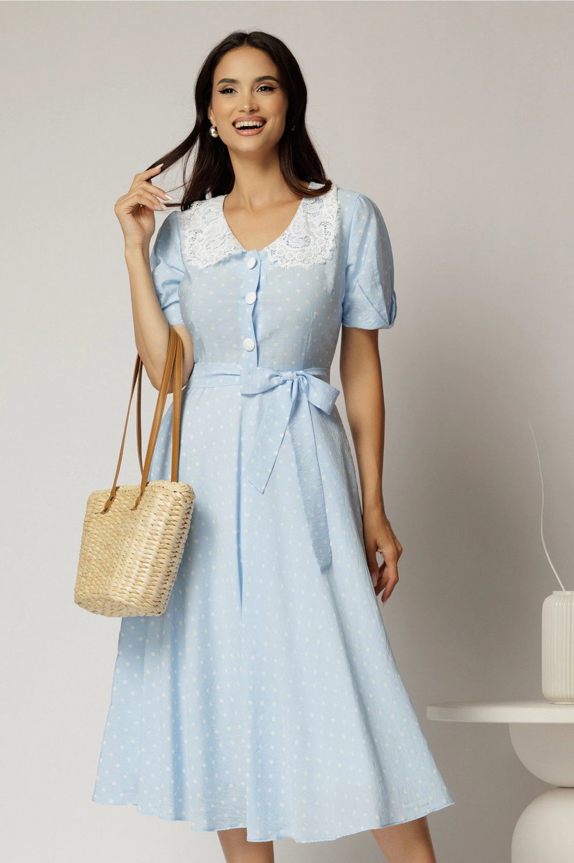 Rochie midi bleu cu buline de zi si guler brodat