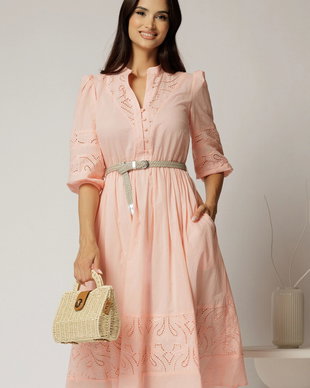 Rochie DY Fashion roz somon din bumbac cu insertii perforate si curea in talie