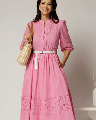 Rochie DY Fashion roz din bumbac cu insertii perforate si curea in talie