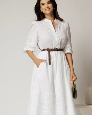 Rochie DY Fashion alba din bumbac cu insertii perforate si curea in talie