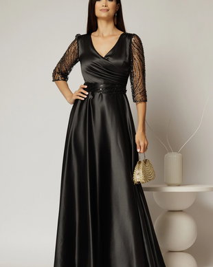 Rochie Adria lunga neagra cu cordon in talie