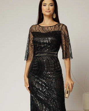 Rochie DY Fashion midi neagra din paiete si margele elegante