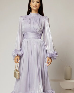 Rochie midi lila de ocazie din voal peliculizat cu maneci ample cu volanase