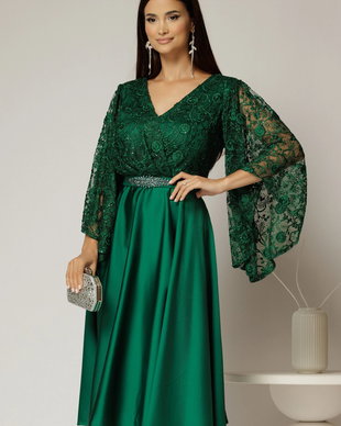 Rochie midi verde de ocazie din satin si dantela