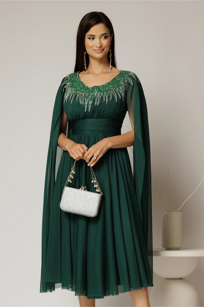 Rochie midi verde de ocazie din tul cu aplicatii la decolteu si maneci lungi