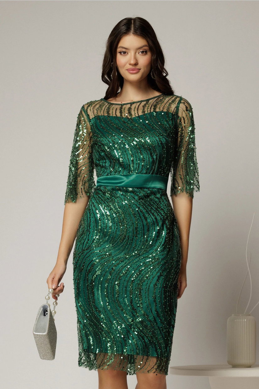 Rochie DY Fashion midi verde din paiete si margele elegante