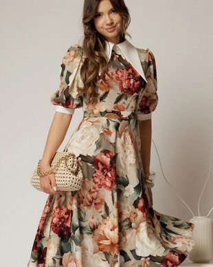 Rochie DY Fashion midi imprimeu floral rosu cu guler ascutit si maneci bufante