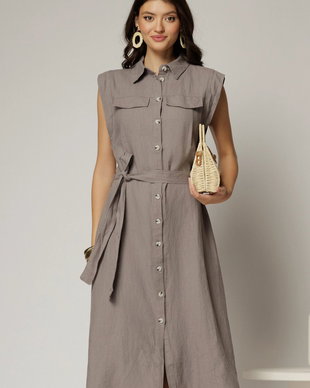 Rochie midi gri din bumbac fara maneci cu cordon in talie