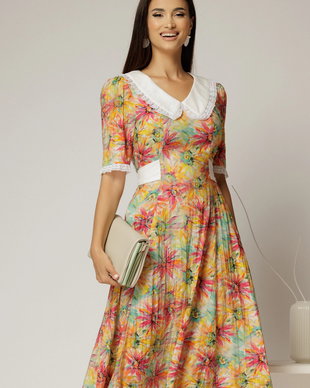 Rochie midi orange din vascoza cu imprimeu floral si guler alb brodat