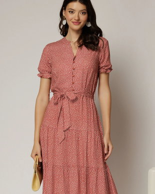 Rochie midi din viscoza caramizie cu imprimeu alb