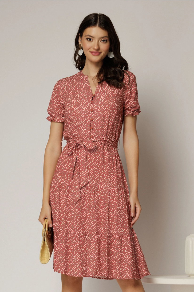 Rochie midi din viscoza caramizie cu imprimeu alb