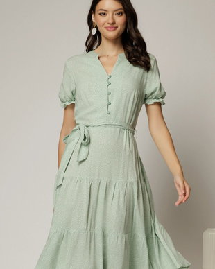 Rochie midi din viscoza verde fistic cu imprimeu alb