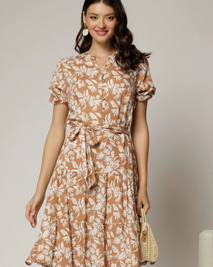 Rochie midi din viscoza maro cu imprimeu alb