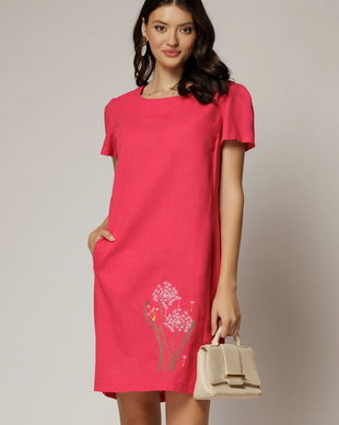 Rochie fucsia din in cu flori brodate si croi drept