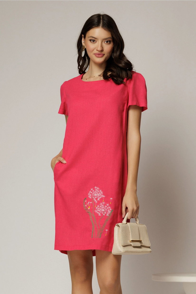 Rochie fucsia din in cu flori brodate si croi drept