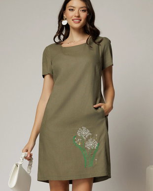 Rochie kaki din in cu flori brodate si croi drept