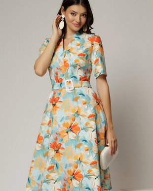 Rochie midi cu imprimeu floral in nuante de turcoaz si orange