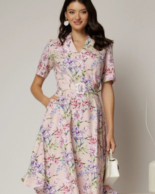 Rochie midi cu imprimeu floral in nuante de roz si lila