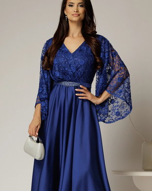 Rochie midi albastra de ocazie din satin si dantela