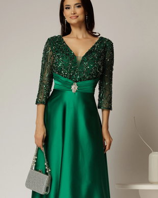 Rochie midi verde de ocazie din tafta si bustul cu paiete si dantela