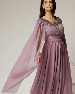 Rochie midi lila de ocazie din tul cu aplicatii la decolteu si maneci lungi