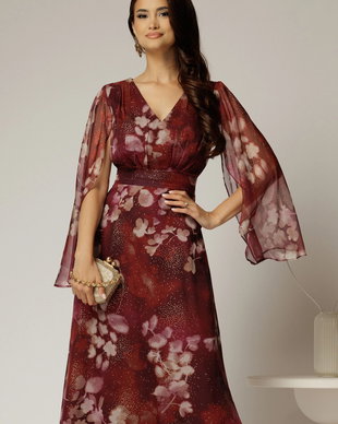 Rochie de ocazie bordo cu imprimeu floral bej si insertii aurii