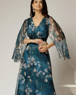 Rochie de ocazie albastru petrol cu imprimeu floral bej si insertii aurii