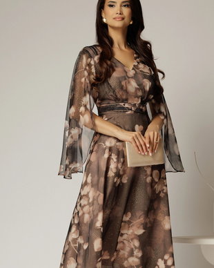 Rochie de ocazie gri inchis cu imprimeu floral bej si insertii aurii