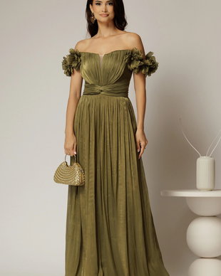 Rochie lunga de ocazie olive din voal peliculizat cu aplicatii florale 3D