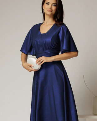 Rochie midi bleumarin de ocazie din voal cu sidef si decolteu in V