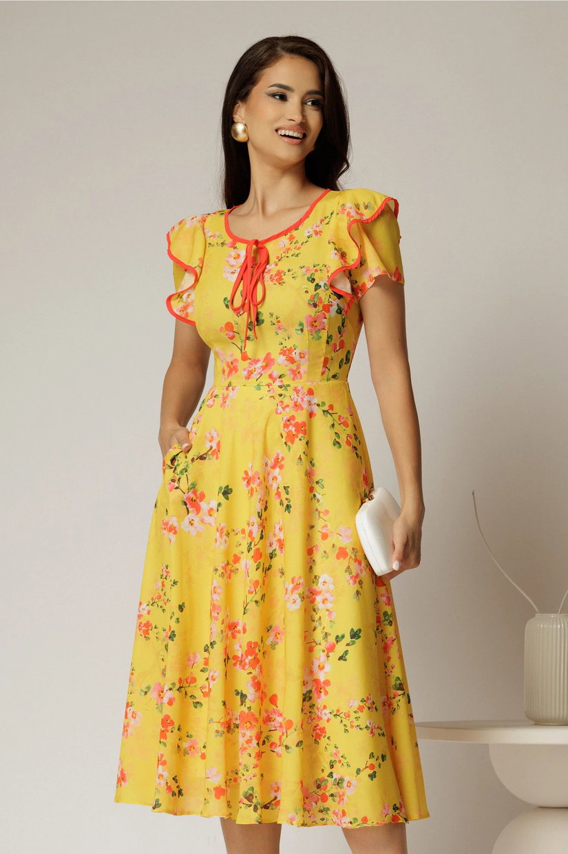 Rochie midi galbena de zi cu imprimeuri forale si volanase la maneci
