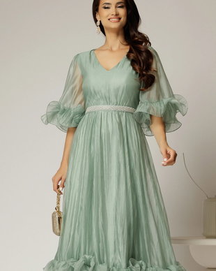 Rochie DY Fashion verde mint din voal creponat cu volanase si decolteu in V