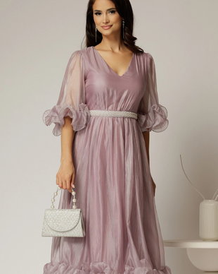 Rochie DY Fashion roz din voal creponat cu volanase si decolteu in V
