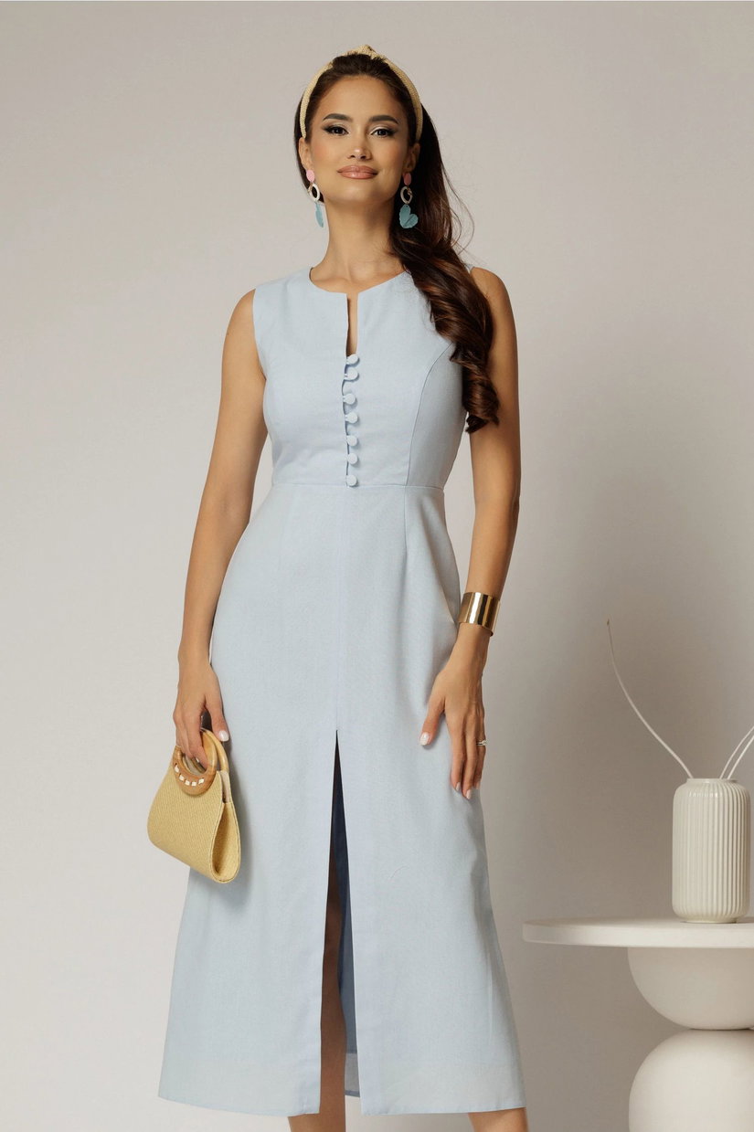 Rochie DY Fashion midi bleu din in cu nasturi pe bust fara maneci