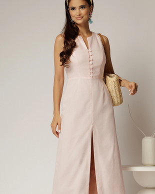 Rochie DY Fashion midi roz din in cu nasturi pe bust fara maneci