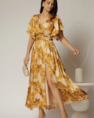 Rochie DY Fashion midi cu imprimeu galben mustar din voal satinat