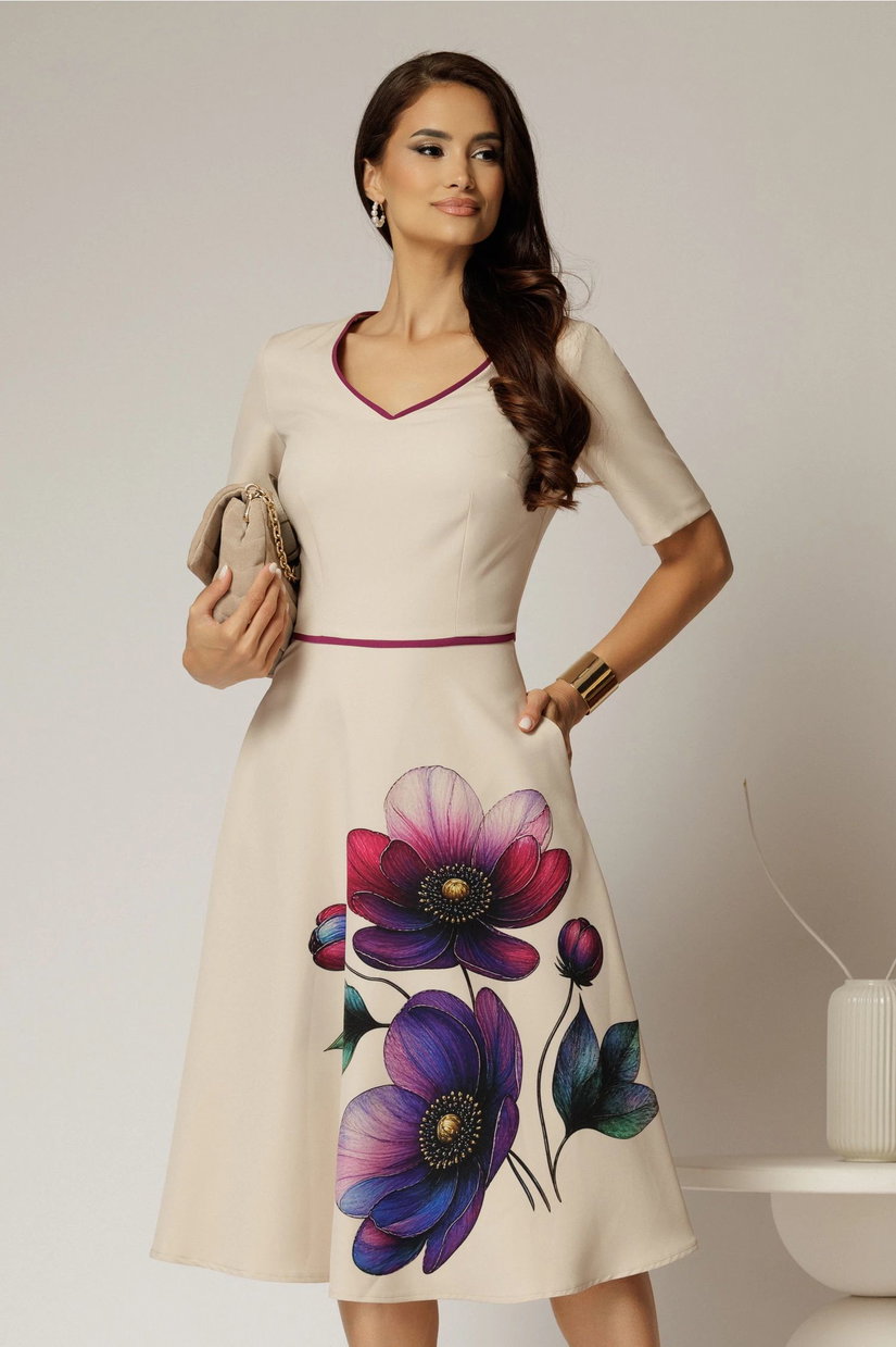 Rochie midi bej clos cu imprimeu magenta si decolteu in V