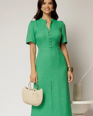 Rochie DY Fashion verde de zi de vara cu maneci scurte si nasturi la bust