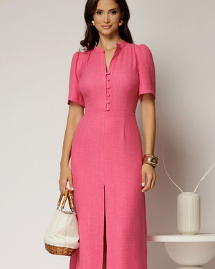 Rochie DY Fashion fucsia de zi de vara cu maneci scurte si nasturi la bust