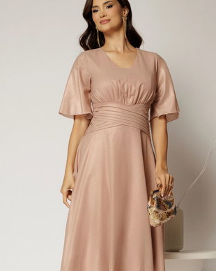 Rochie midi roz de ocazie din voal cu sidef si decolteu in V