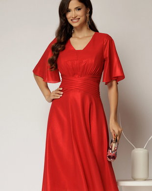 Rochie midi rosie de ocazie din voal cu sidef si decolteu in V