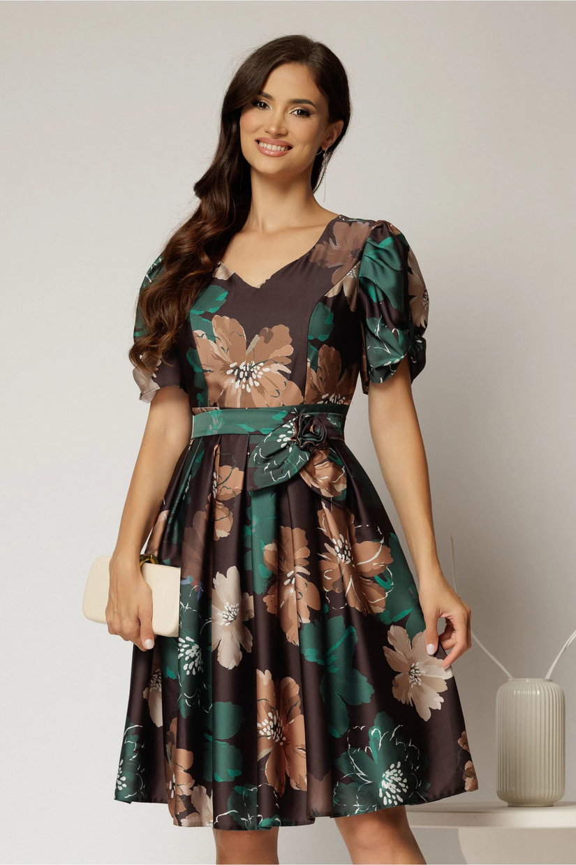 Rochie midi neagra cu imprimeuri verzi si bej din voal satinat si cordon detasabil