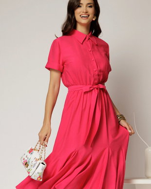 Rochie midi fucsia din viscoza in clos cu nasturi si cordon