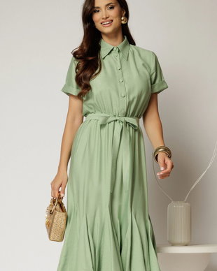 Rochie midi verde fistic din viscoza in clos cu nasturi si cordon